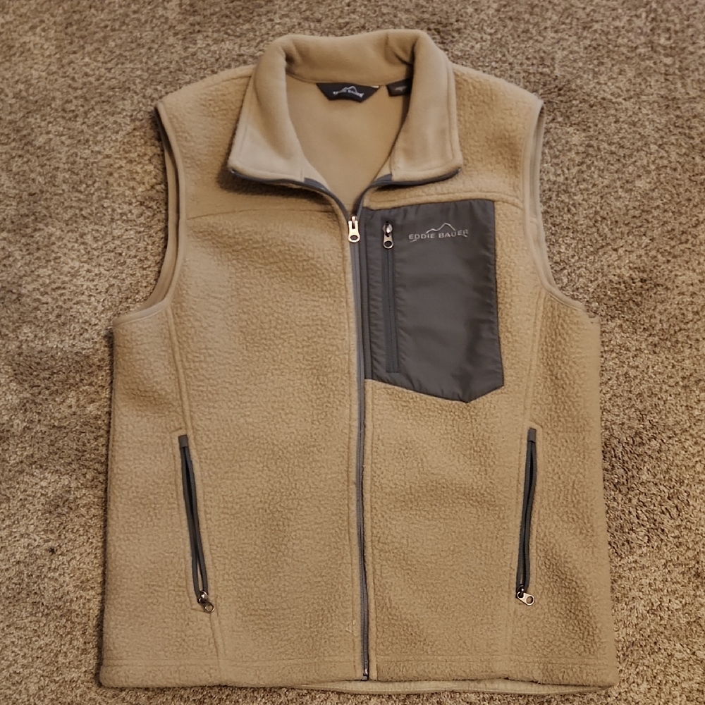 Eddie Bauer Men's Beige Fleece Vest with Charcoal Pocket